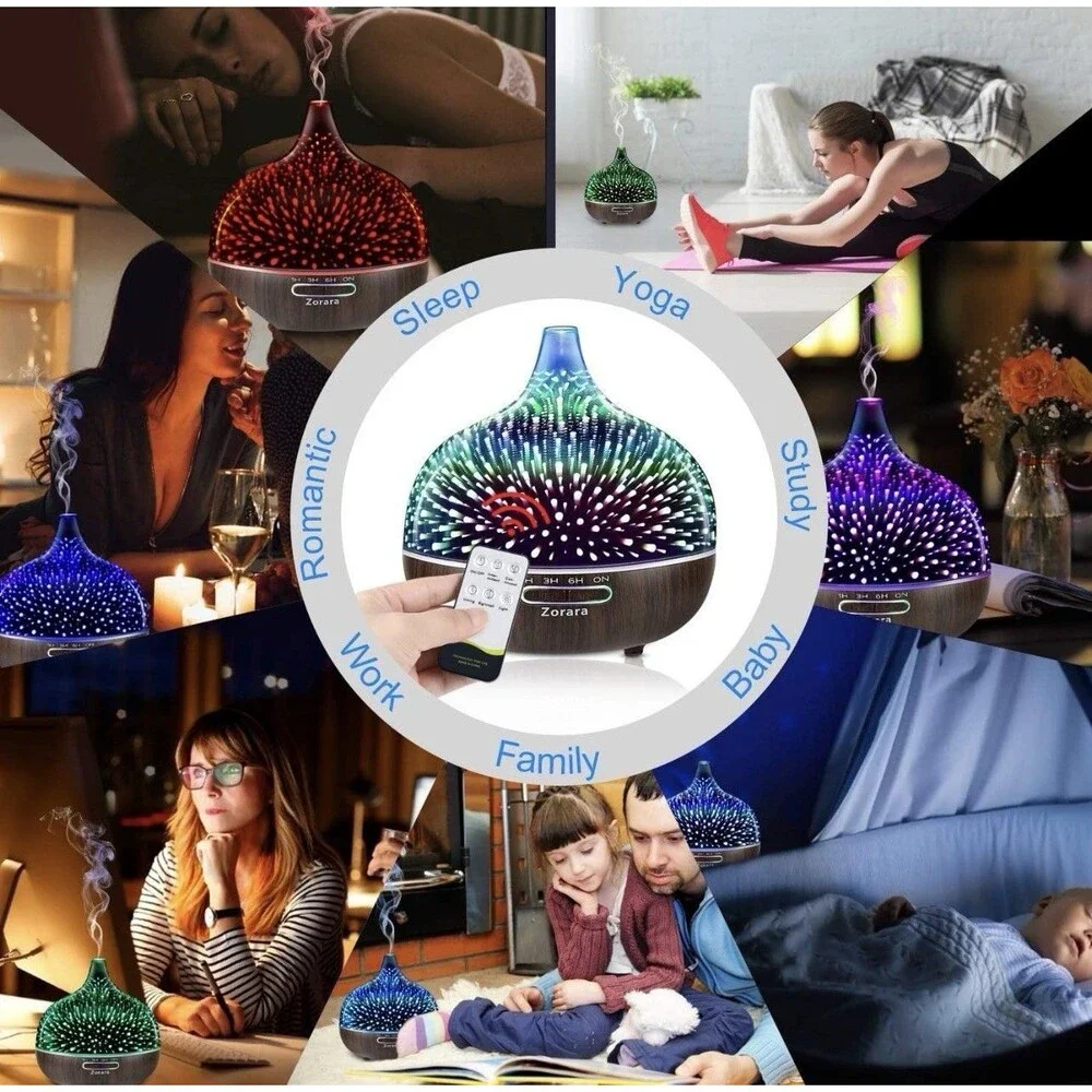 Zorara 3D Glass Aroma Diffuser, 7 Color Changing Led Lights/Waterless Auto Shut